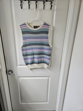 Cream Fair Isle V-Neck Sweater Vest with Pastel Stripes